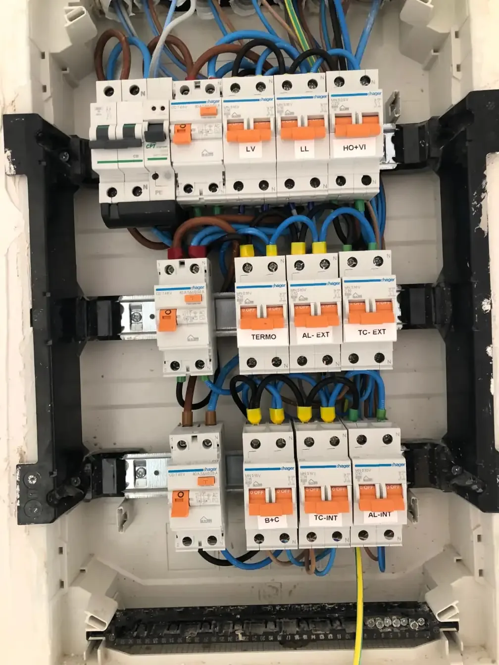 Home consumer unit fitted with circuit breakers and RCDs