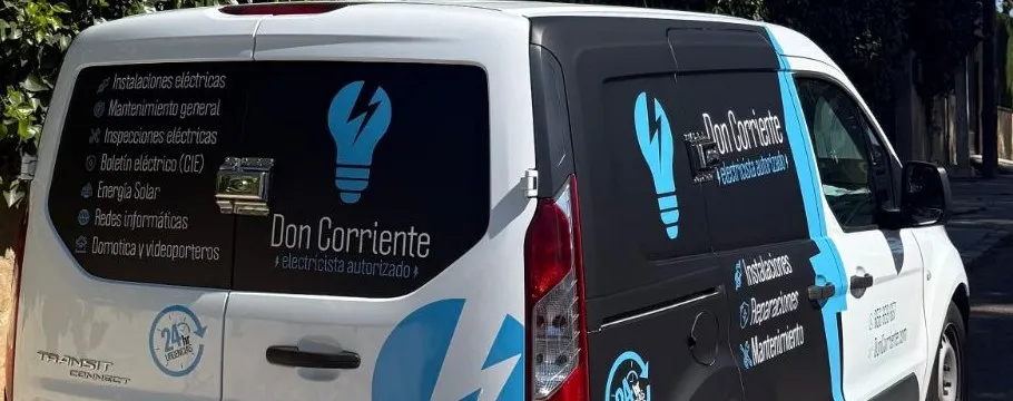 Don Corriente van with its light bulb logo and services